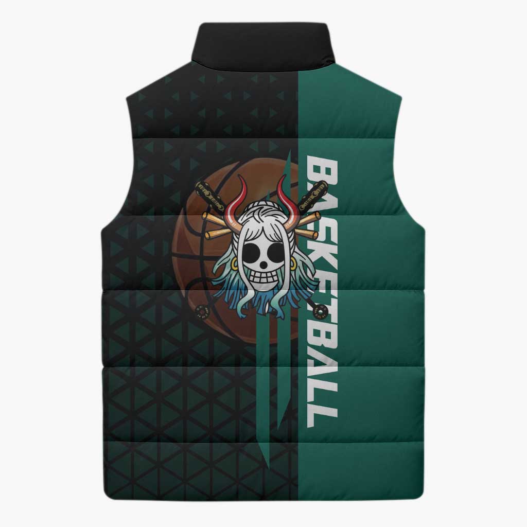 Yamato One Piece Basketball Theme Green and Black Design Sleeveless Puffer Jacket with Oni Mask Emblem and Dynamic Pose - The Mazicc