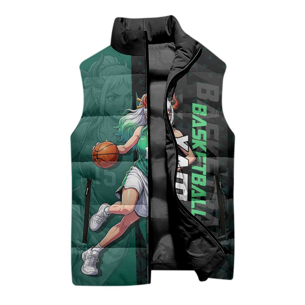 Yamato One Piece Basketball Theme Green and Black Design Sleeveless Puffer Jacket with Oni Mask Emblem and Dynamic Pose - The Mazicc