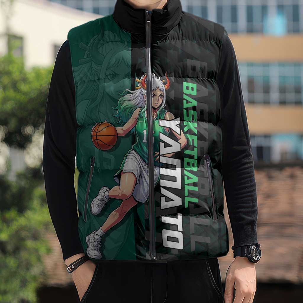 Yamato One Piece Basketball Theme Green and Black Design Sleeveless Puffer Jacket with Oni Mask Emblem and Dynamic Pose - The Mazicc
