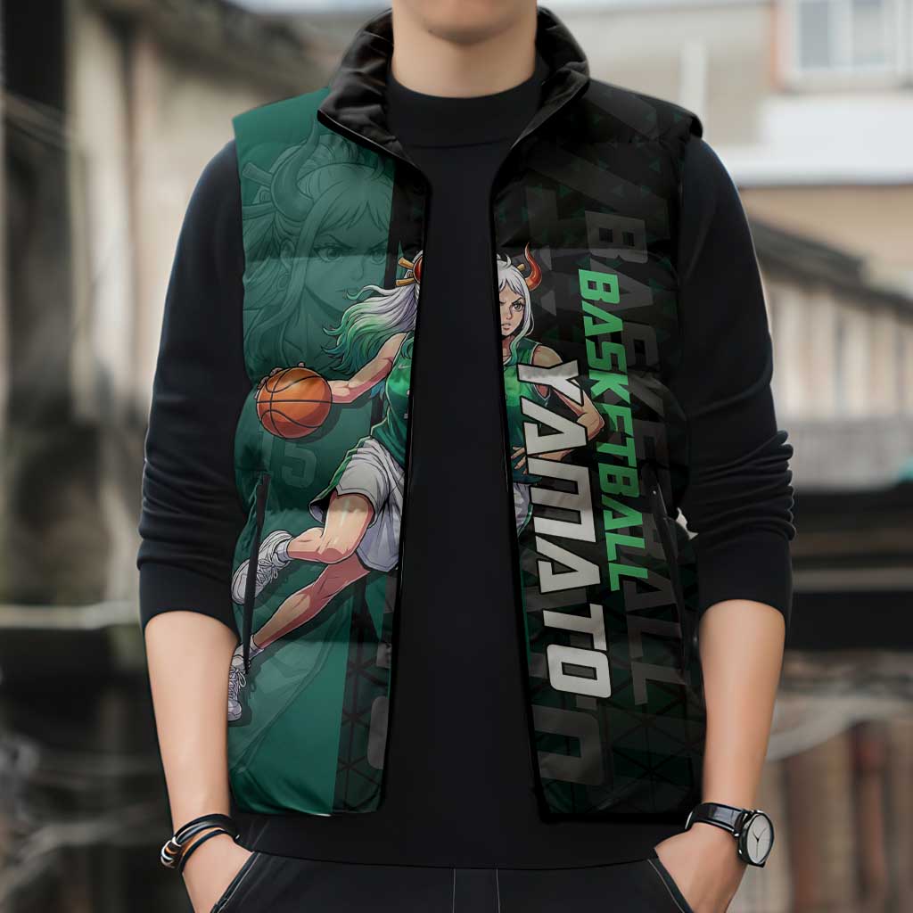 Yamato One Piece Basketball Theme Green and Black Design Sleeveless Puffer Jacket with Oni Mask Emblem and Dynamic Pose - The Mazicc