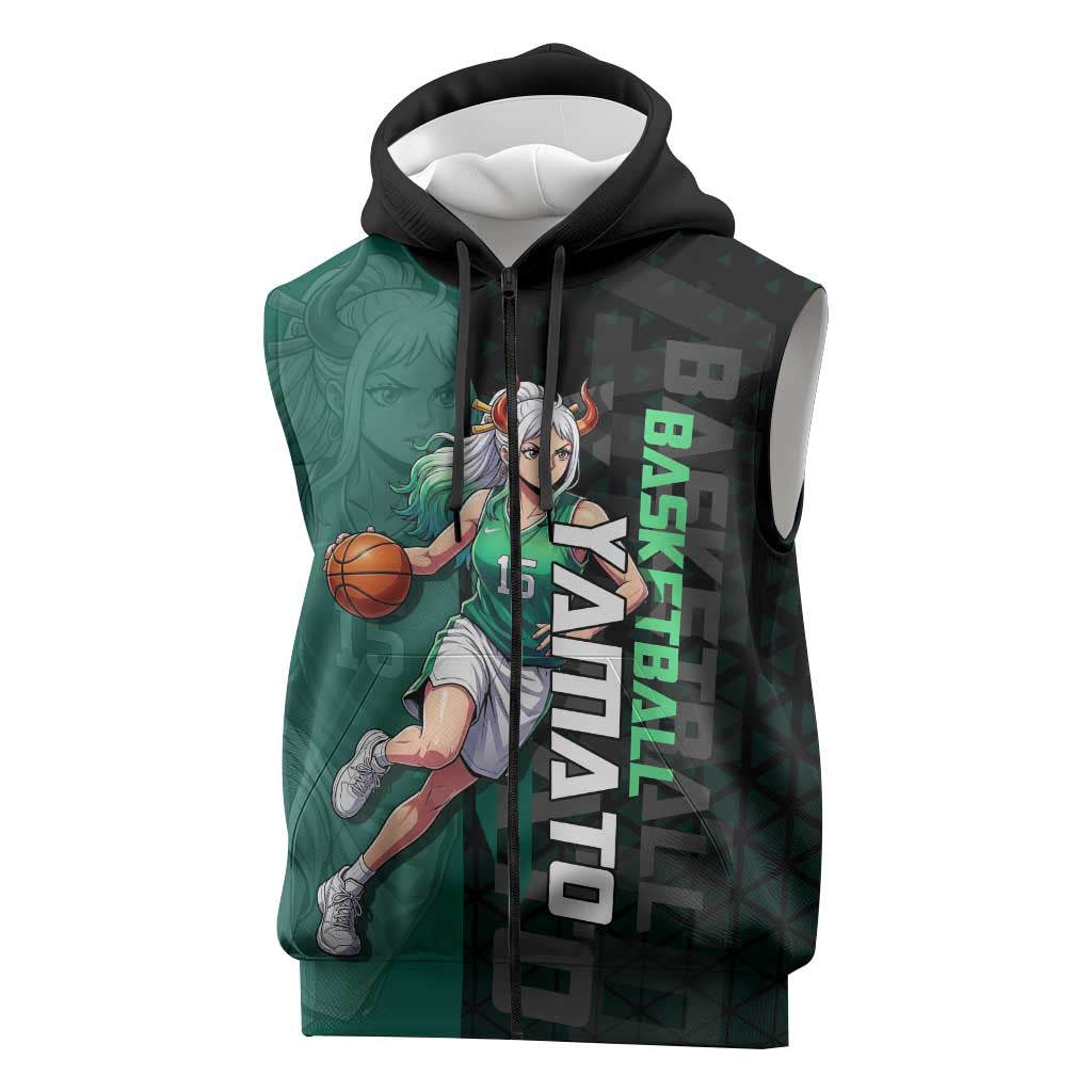 Yamato One Piece Basketball Theme Green and Black Design Sleeveless Zip Hoodie with Oni Mask Emblem and Dynamic Pose - The Mazicc