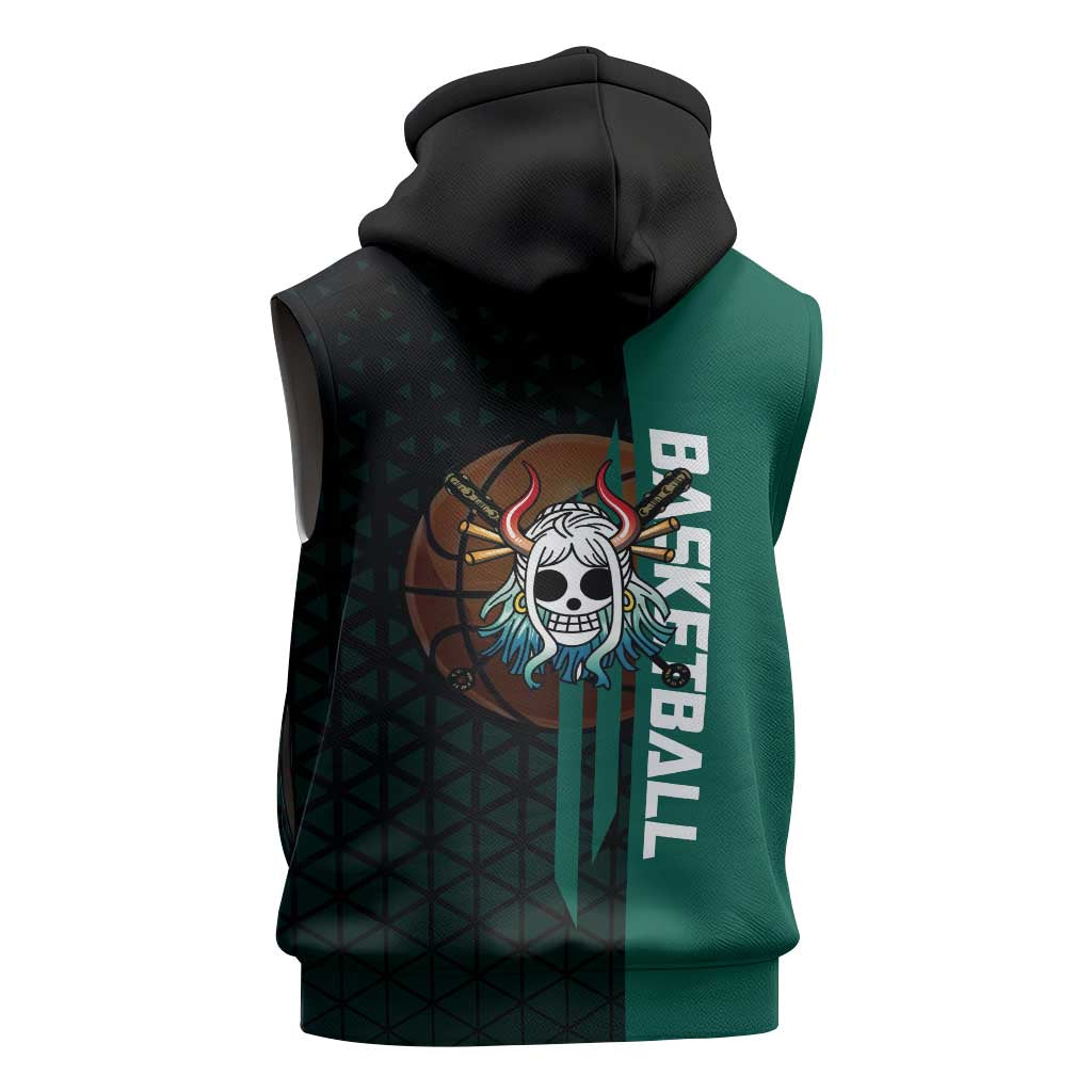 Yamato One Piece Basketball Theme Green and Black Design Sleeveless Zip Hoodie with Oni Mask Emblem and Dynamic Pose - The Mazicc