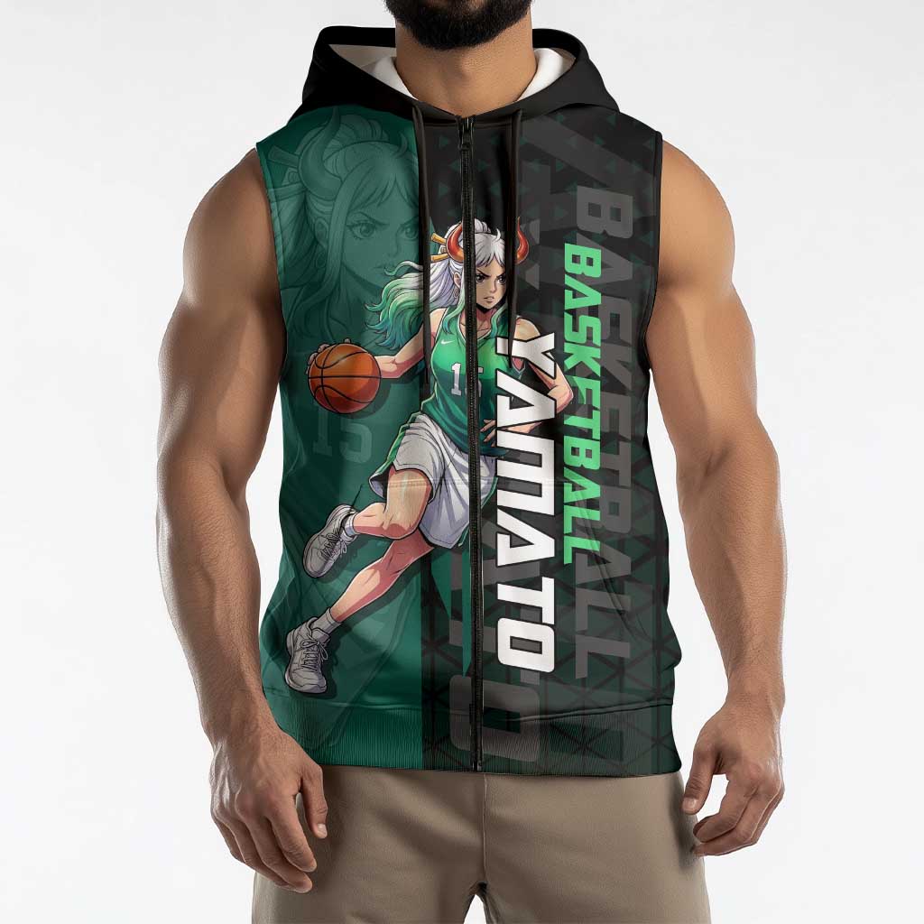 Yamato One Piece Basketball Theme Green and Black Design Sleeveless Zip Hoodie with Oni Mask Emblem and Dynamic Pose - The Mazicc