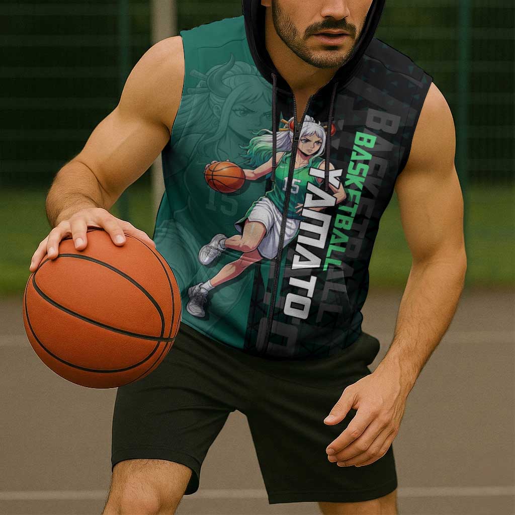 Yamato One Piece Basketball Theme Green and Black Design Sleeveless Zip Hoodie with Oni Mask Emblem and Dynamic Pose - The Mazicc