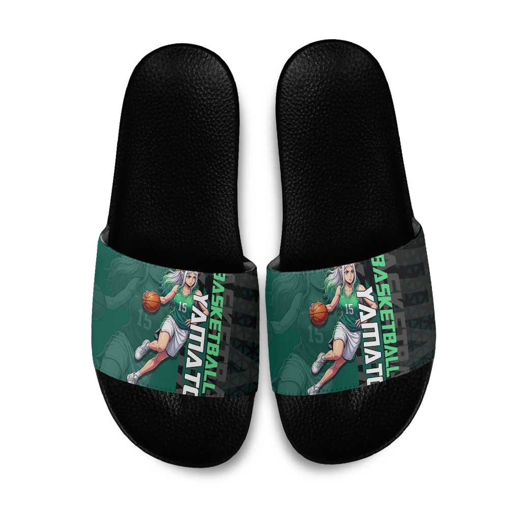 Yamato One Piece Basketball Theme Green and Black Design Slide Sandals with Oni Mask Emblem and Dynamic Pose - The Mazicc