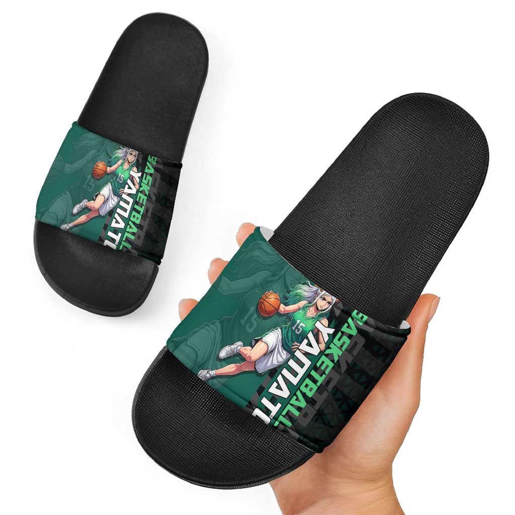 Yamato One Piece Basketball Theme Green and Black Design Slide Sandals with Oni Mask Emblem and Dynamic Pose - The Mazicc