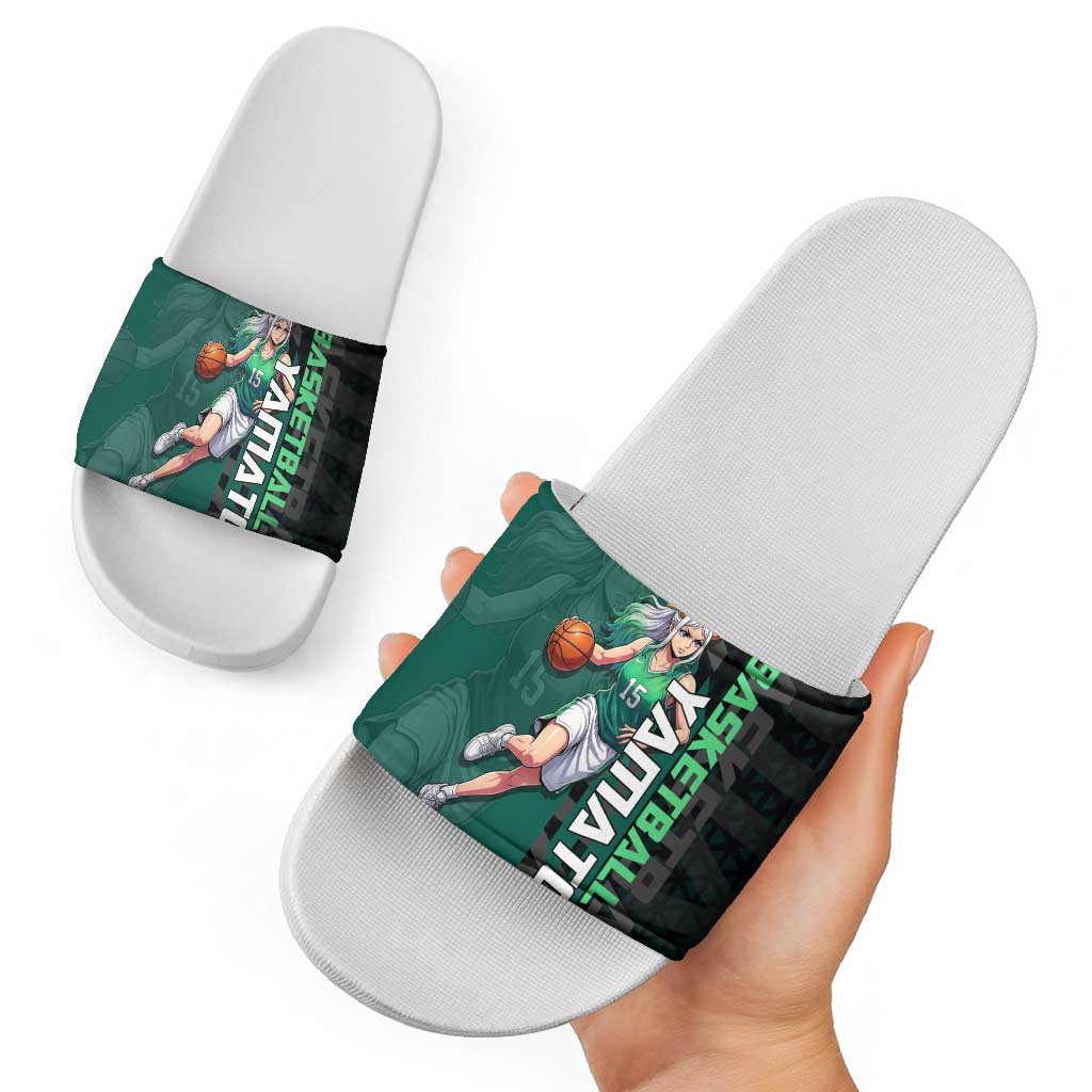 Yamato One Piece Basketball Theme Green and Black Design Slide Sandals with Oni Mask Emblem and Dynamic Pose - The Mazicc