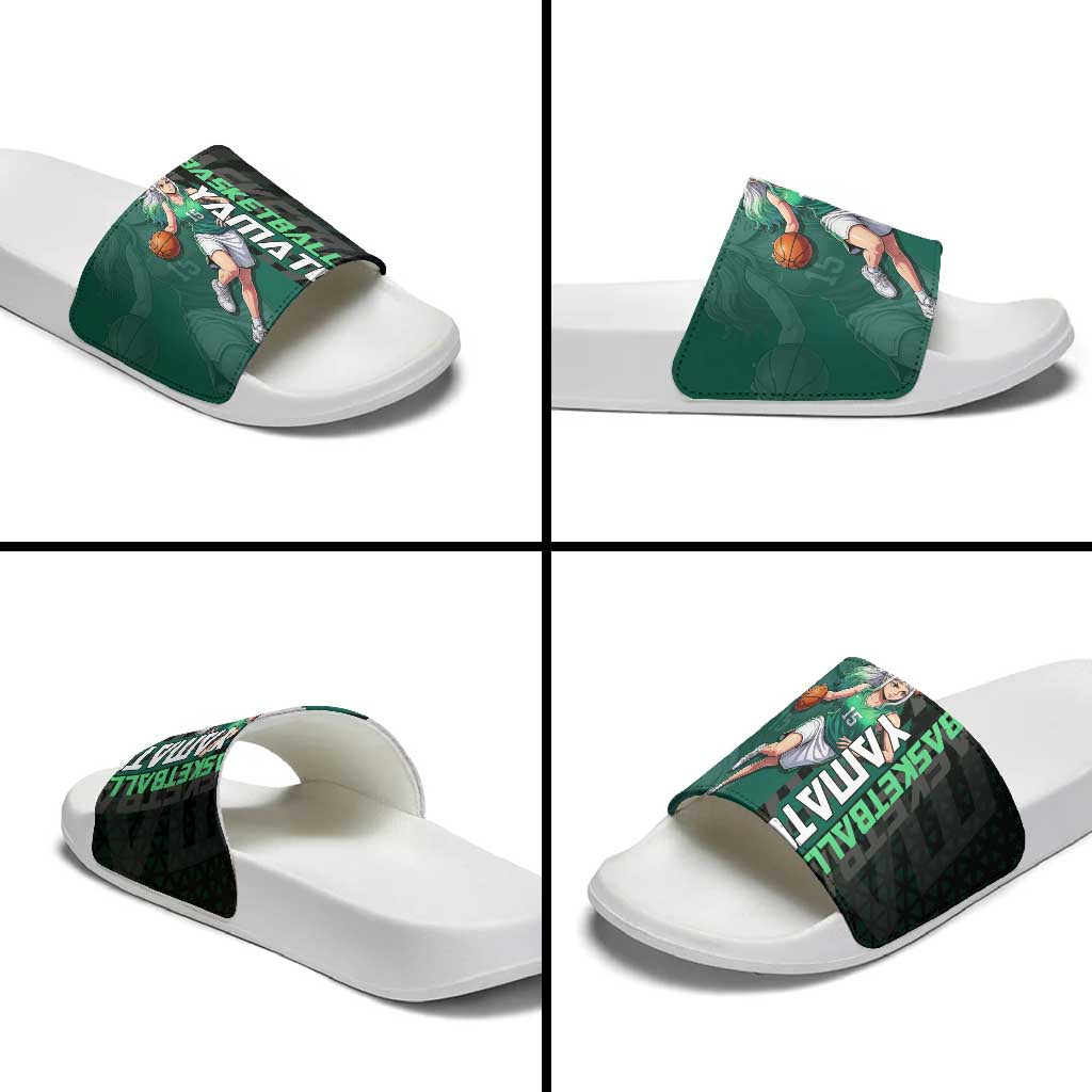 Yamato One Piece Basketball Theme Green and Black Design Slide Sandals with Oni Mask Emblem and Dynamic Pose - The Mazicc