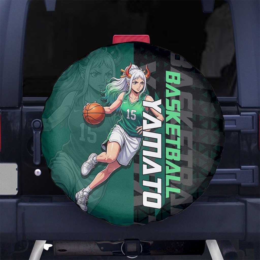 Yamato One Piece Basketball Theme Green and Black Design Spare Tire Cover with Oni Mask Emblem and Dynamic Pose - The Mazicc