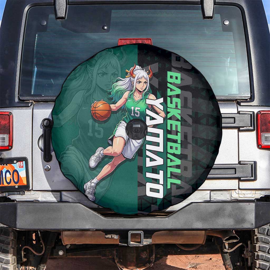 Yamato One Piece Basketball Theme Green and Black Design Spare Tire Cover with Oni Mask Emblem and Dynamic Pose - The Mazicc