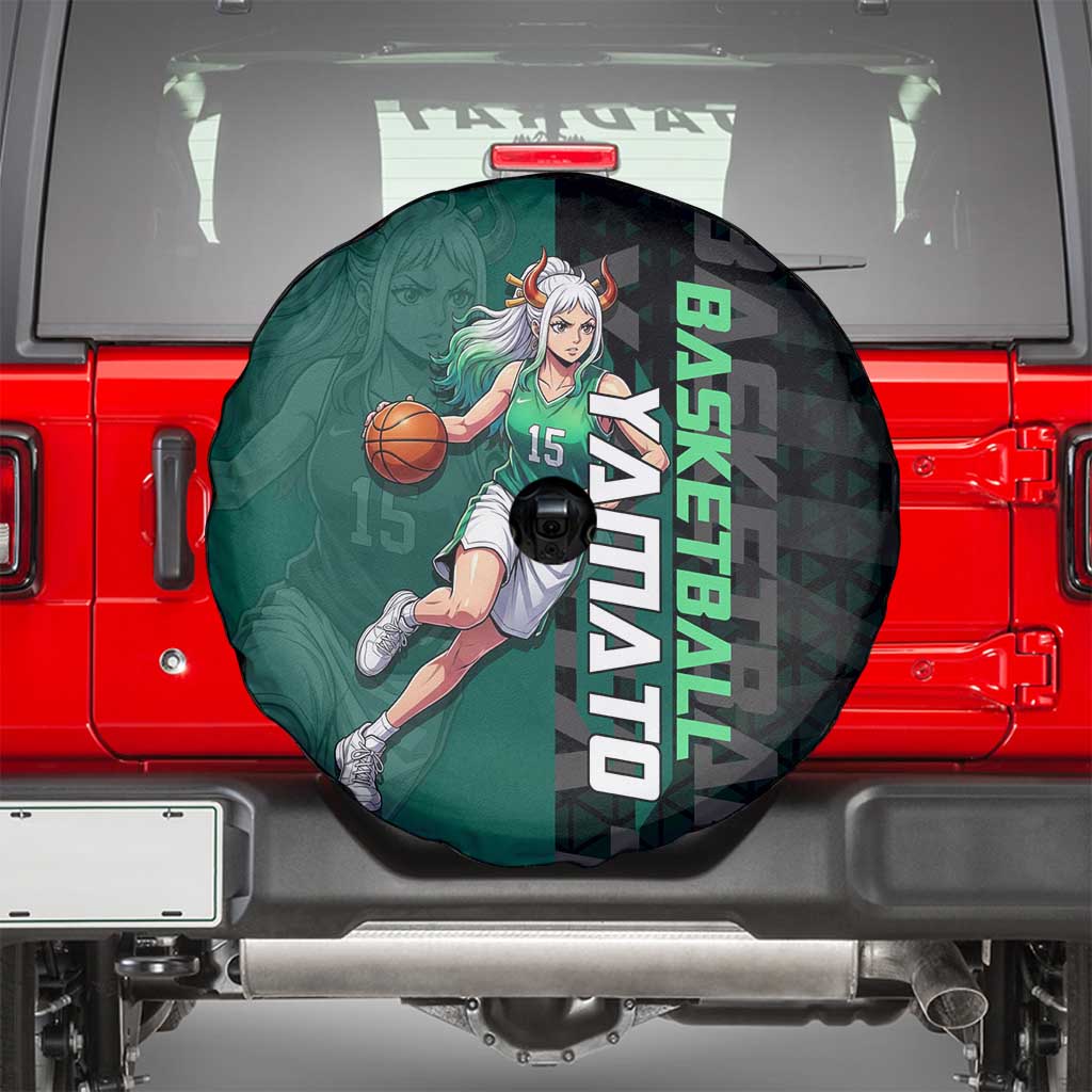 Yamato One Piece Basketball Theme Green and Black Design Spare Tire Cover with Oni Mask Emblem and Dynamic Pose - The Mazicc