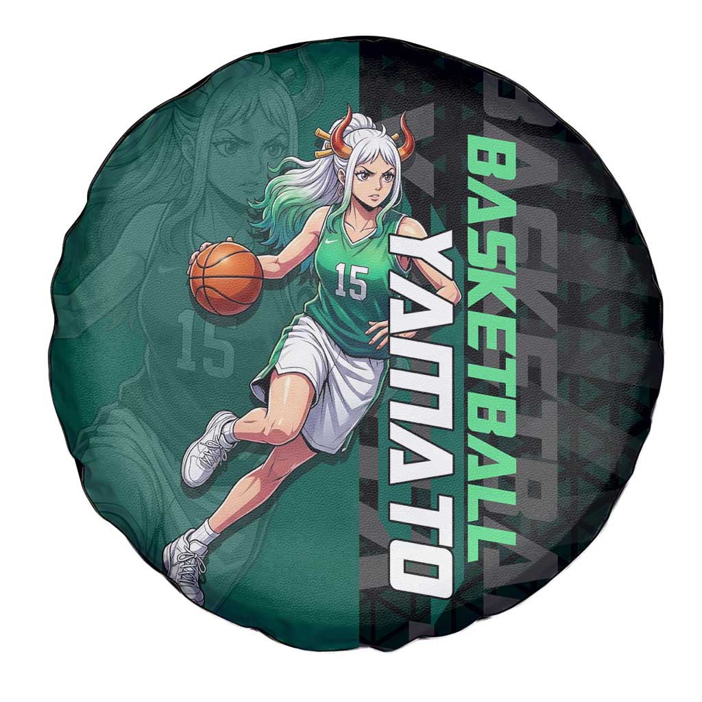 Yamato One Piece Basketball Theme Green and Black Design Spare Tire Cover with Oni Mask Emblem and Dynamic Pose - The Mazicc