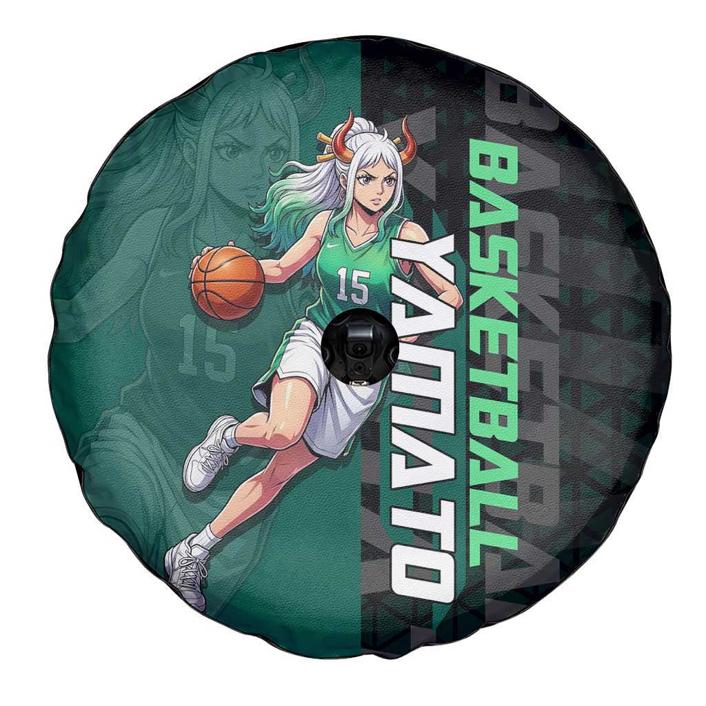Yamato One Piece Basketball Theme Green and Black Design Spare Tire Cover with Oni Mask Emblem and Dynamic Pose - The Mazicc