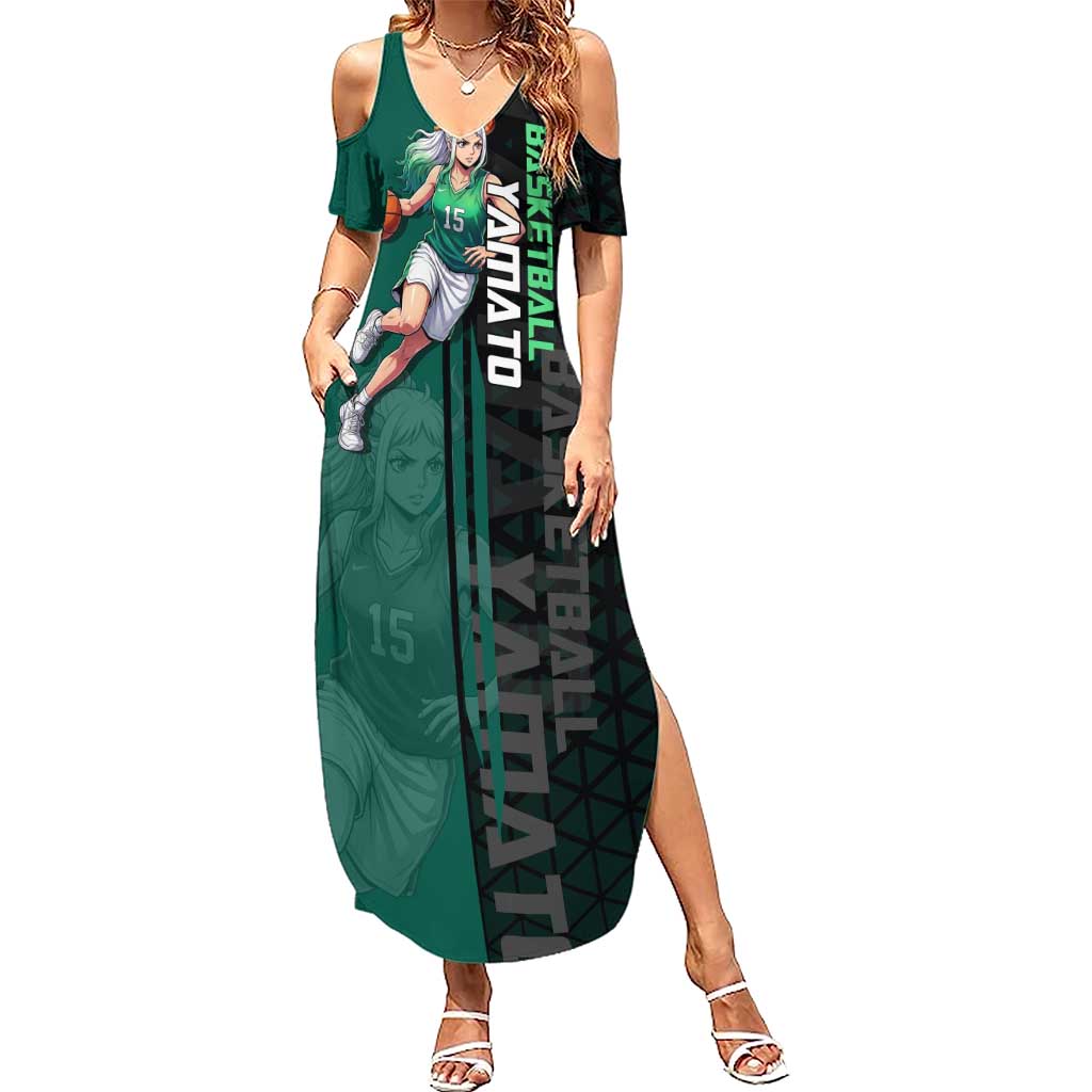 Yamato One Piece Basketball Theme Green and Black Design Summer Maxi Dress with Oni Mask Emblem and Dynamic Pose - The Mazicc