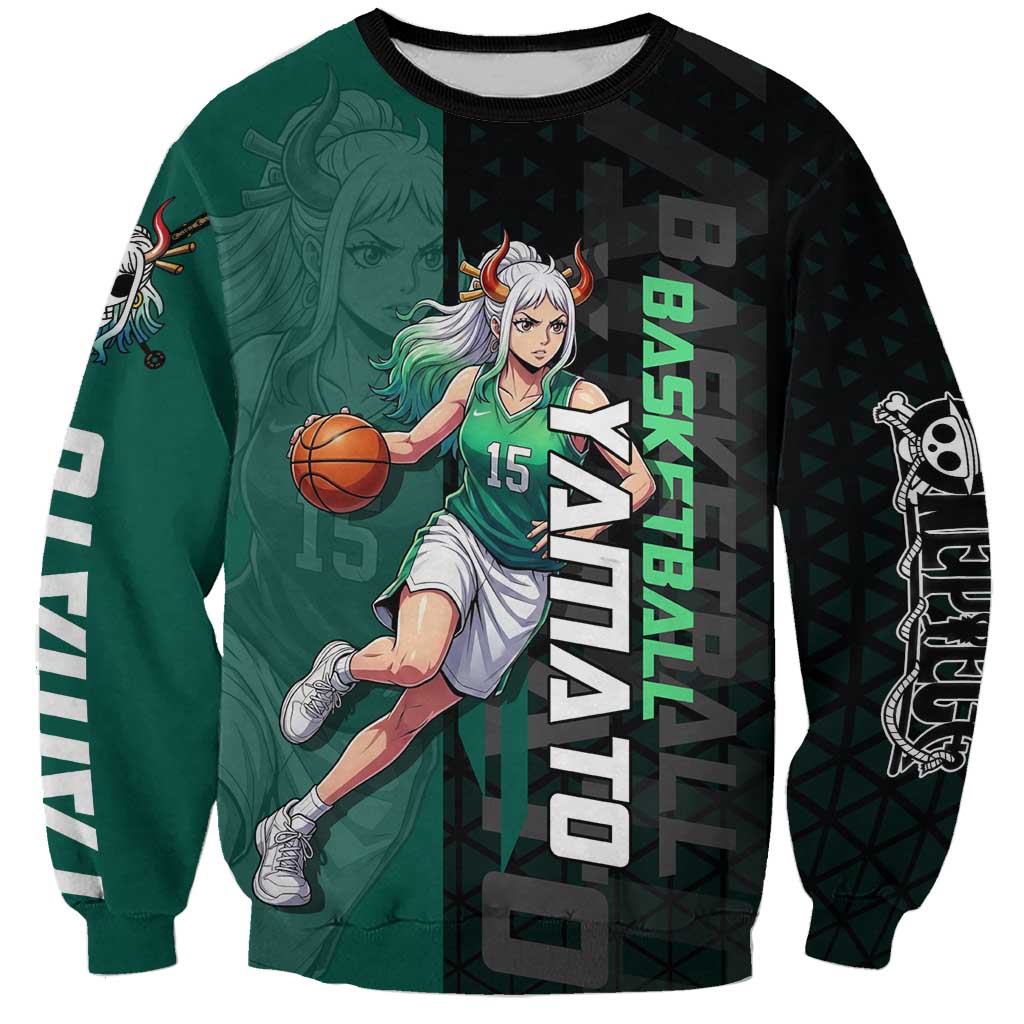 Yamato One Piece Basketball Theme Green and Black Design Sweatshirt with Oni Mask Emblem and Dynamic Pose - The Mazicc