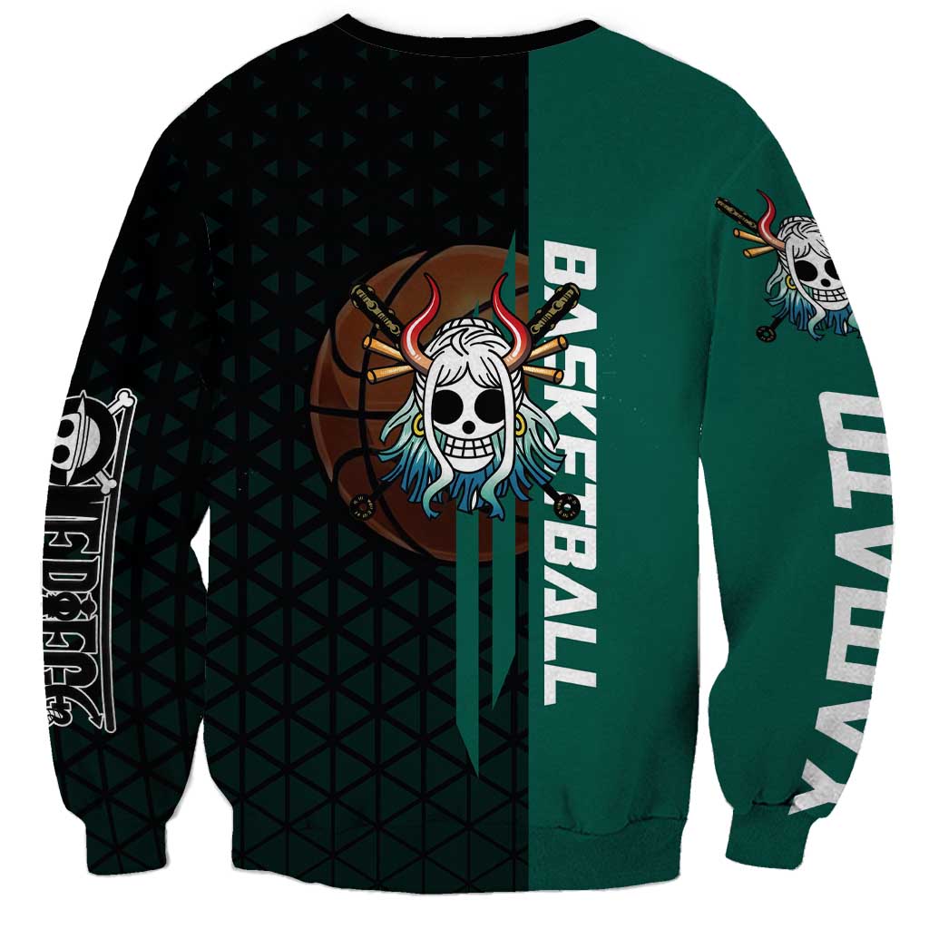 Yamato One Piece Basketball Theme Green and Black Design Sweatshirt with Oni Mask Emblem and Dynamic Pose - The Mazicc