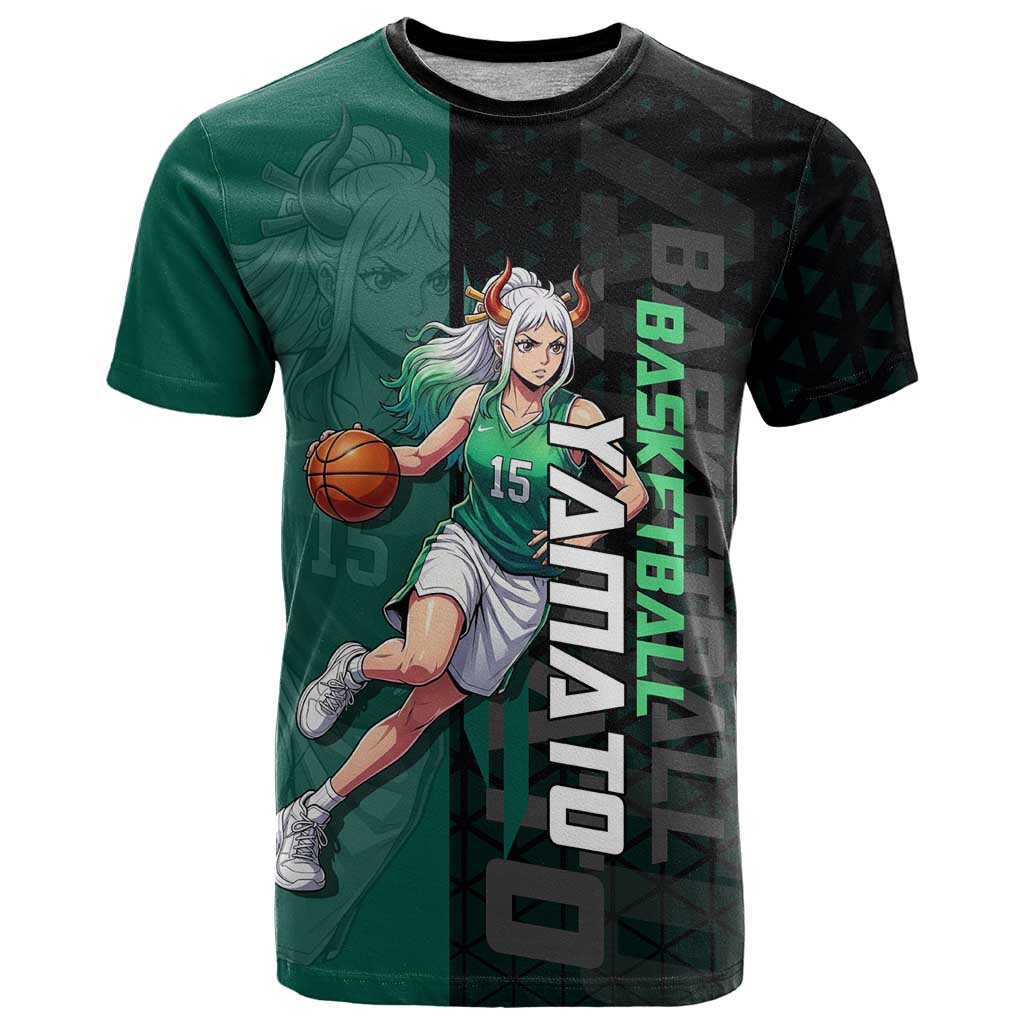 Yamato One Piece Basketball Theme Green and Black Design T Shirt with Oni Mask Emblem and Dynamic Pose - The Mazicc
