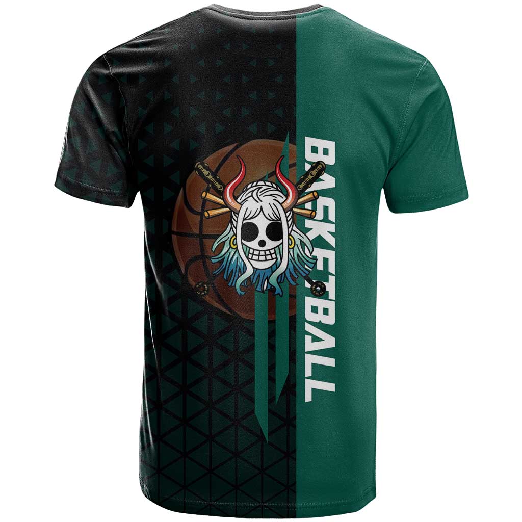 Yamato One Piece Basketball Theme Green and Black Design T Shirt with Oni Mask Emblem and Dynamic Pose - The Mazicc