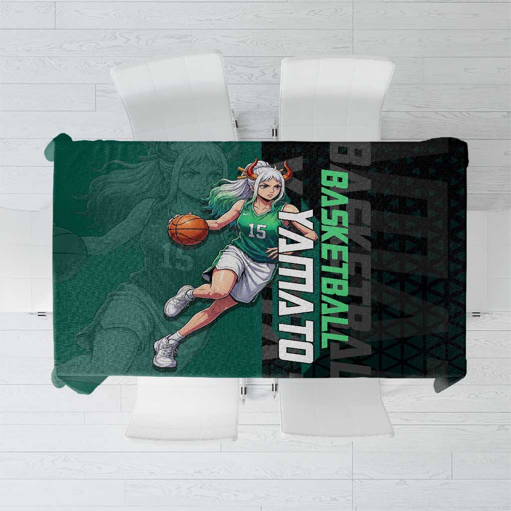 Yamato One Piece Basketball Theme Green and Black Design Tablecloth with Oni Mask Emblem and Dynamic Pose - The Mazicc