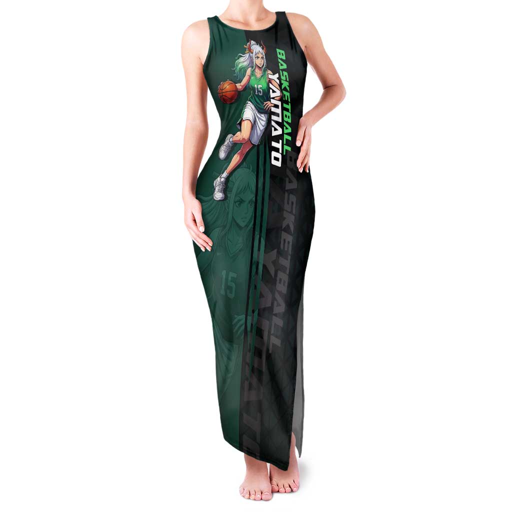 Yamato One Piece Basketball Theme Green and Black Design Tank Maxi Dress with Oni Mask Emblem and Dynamic Pose - The Mazicc