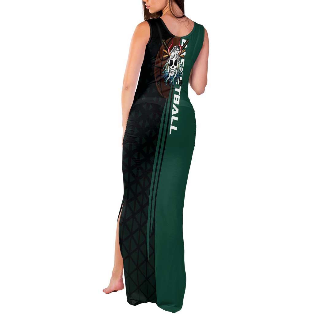 Yamato One Piece Basketball Theme Green and Black Design Tank Maxi Dress with Oni Mask Emblem and Dynamic Pose - The Mazicc