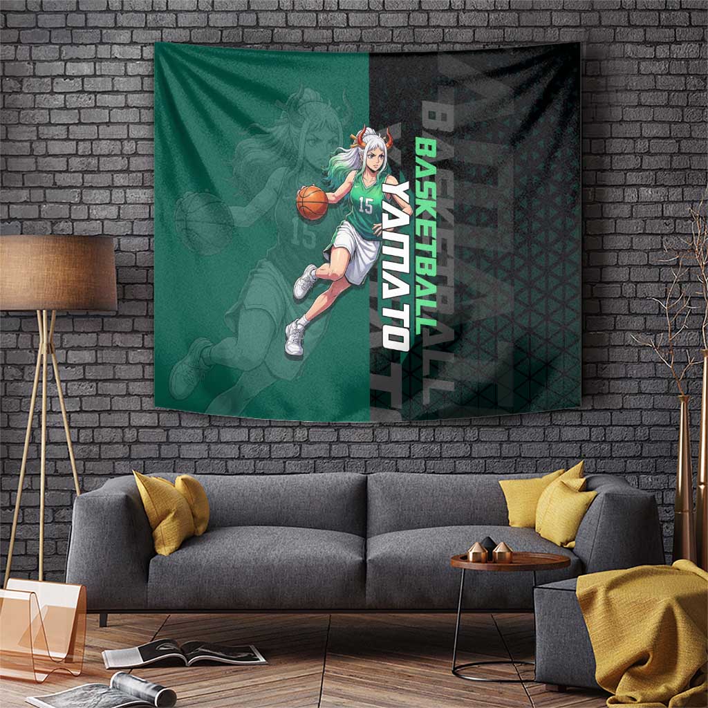 Yamato One Piece Basketball Theme Green and Black Design Tapestry with Oni Mask Emblem and Dynamic Pose - The Mazicc