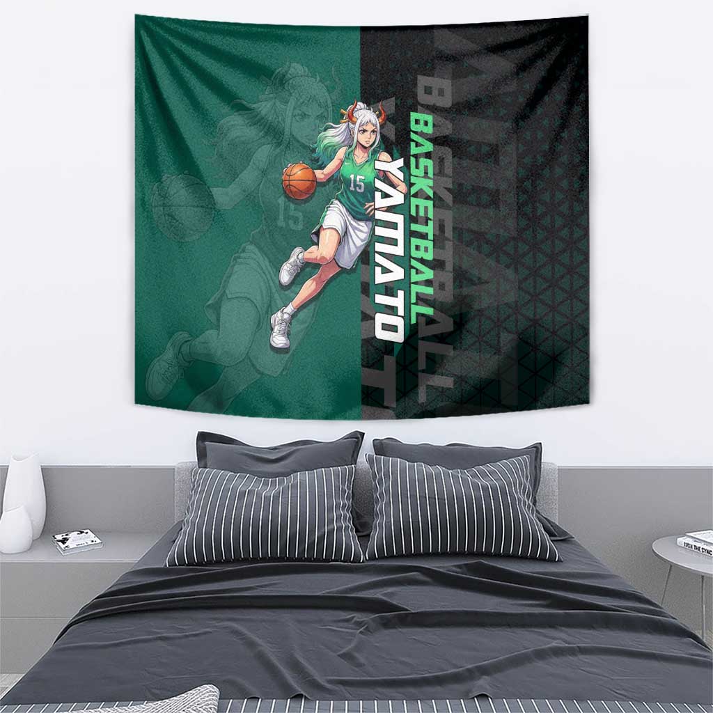 Yamato One Piece Basketball Theme Green and Black Design Tapestry with Oni Mask Emblem and Dynamic Pose - The Mazicc