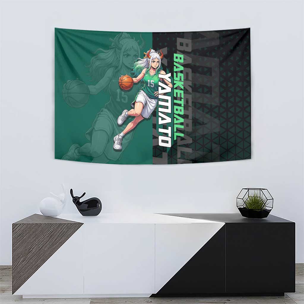 Yamato One Piece Basketball Theme Green and Black Design Tapestry with Oni Mask Emblem and Dynamic Pose - The Mazicc