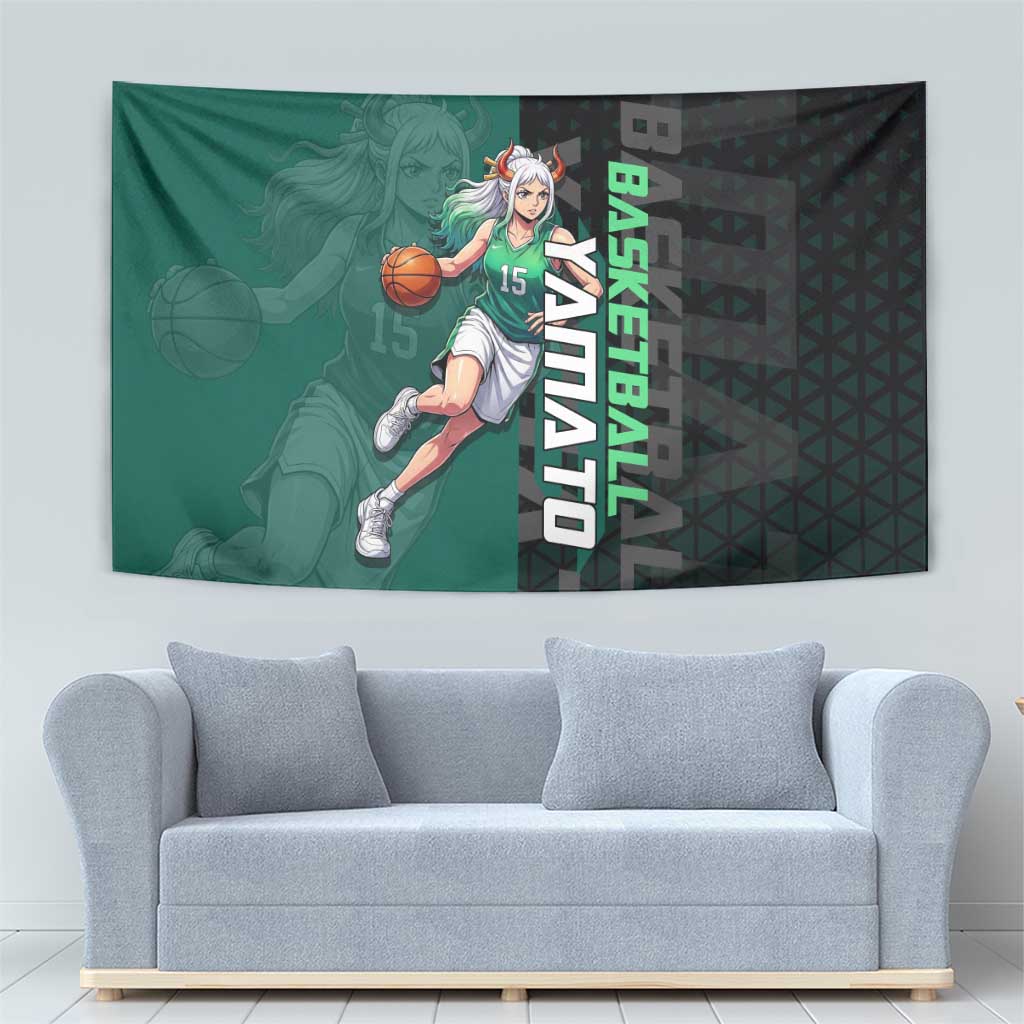 Yamato One Piece Basketball Theme Green and Black Design Tapestry with Oni Mask Emblem and Dynamic Pose - The Mazicc