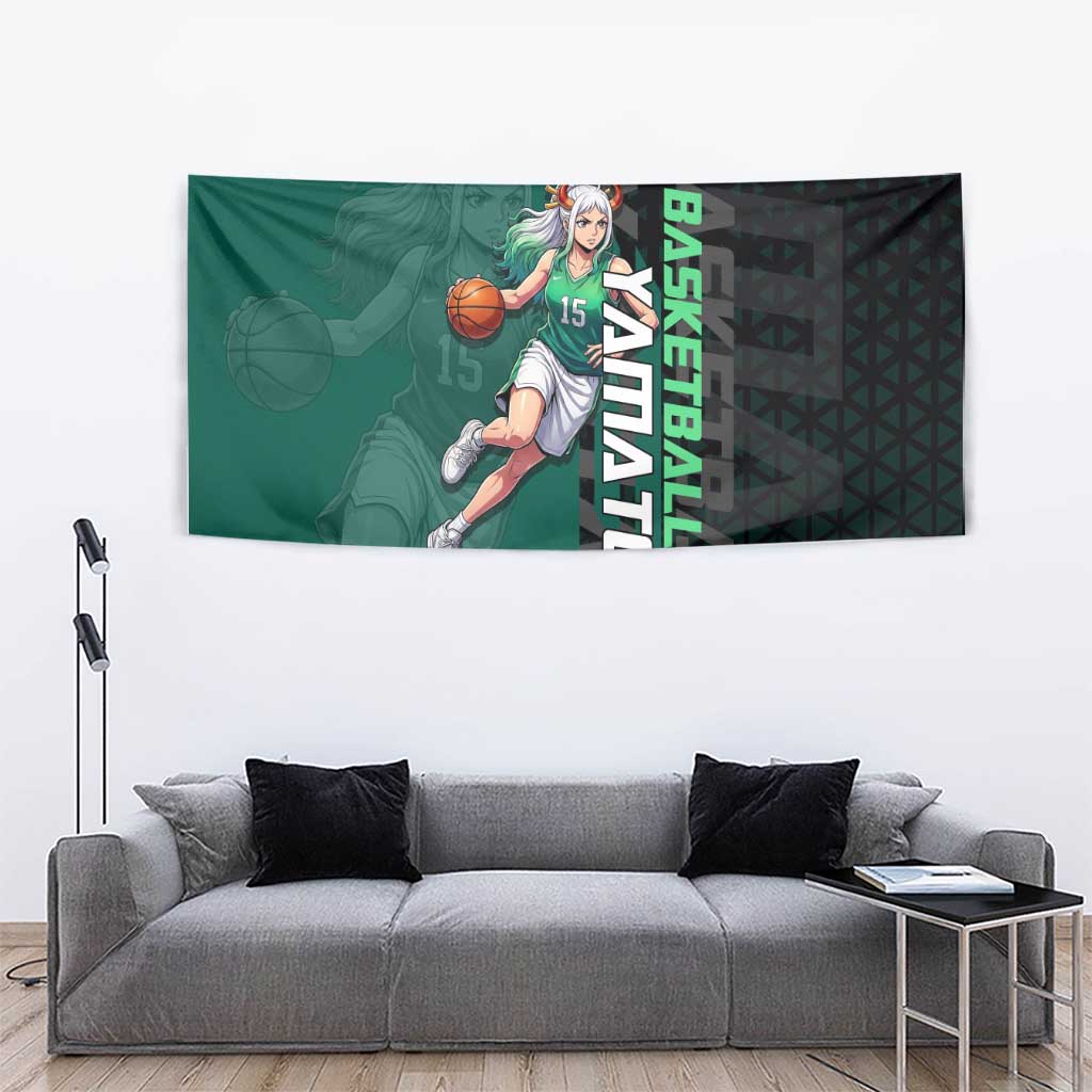 Yamato One Piece Basketball Theme Green and Black Design Tapestry with Oni Mask Emblem and Dynamic Pose - The Mazicc