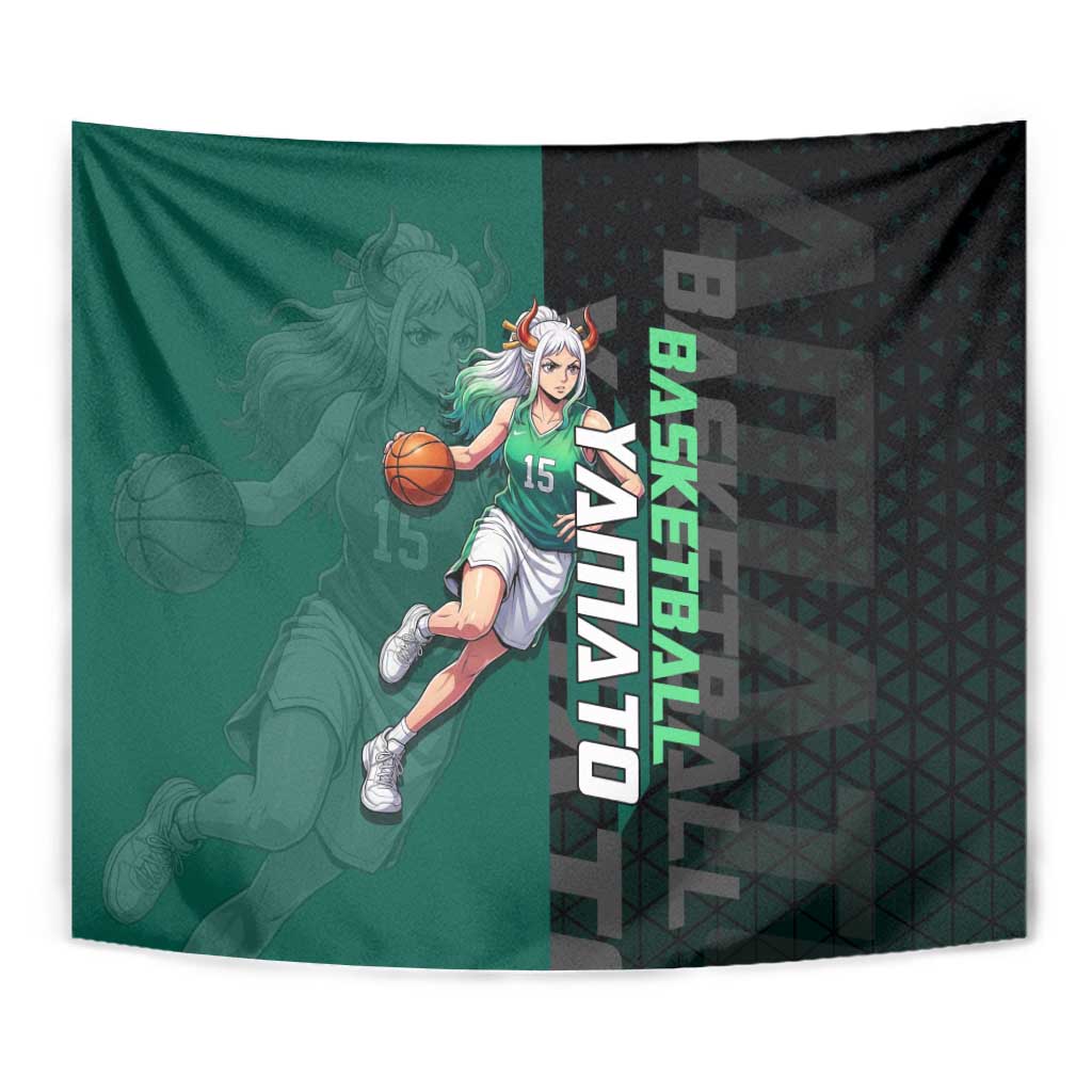 Yamato One Piece Basketball Theme Green and Black Design Tapestry with Oni Mask Emblem and Dynamic Pose - The Mazicc