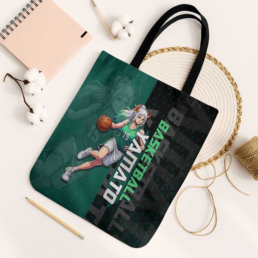 Yamato One Piece Basketball Theme Green and Black Design Tote Bag with Oni Mask Emblem and Dynamic Pose - The Mazicc