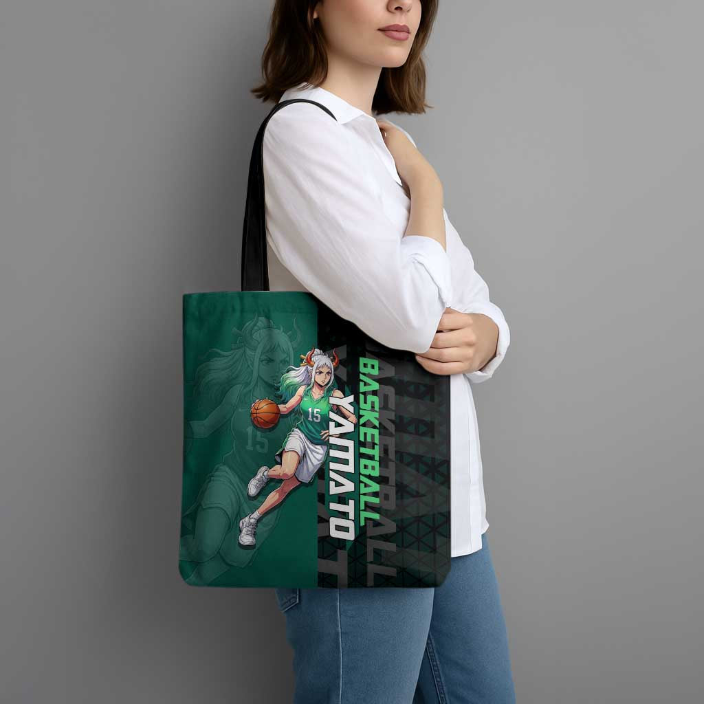 Yamato One Piece Basketball Theme Green and Black Design Tote Bag with Oni Mask Emblem and Dynamic Pose - The Mazicc