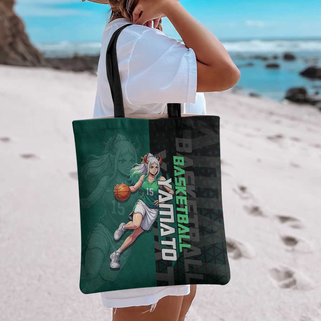 Yamato One Piece Basketball Theme Green and Black Design Tote Bag with Oni Mask Emblem and Dynamic Pose - The Mazicc