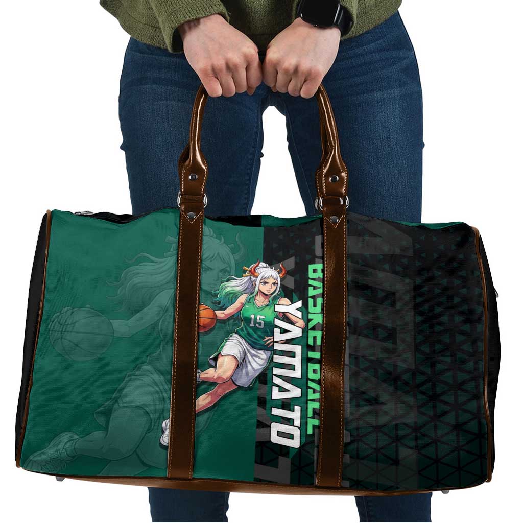 Yamato One Piece Basketball Theme Green and Black Design Travel Bag with Oni Mask Emblem and Dynamic Pose - The Mazicc