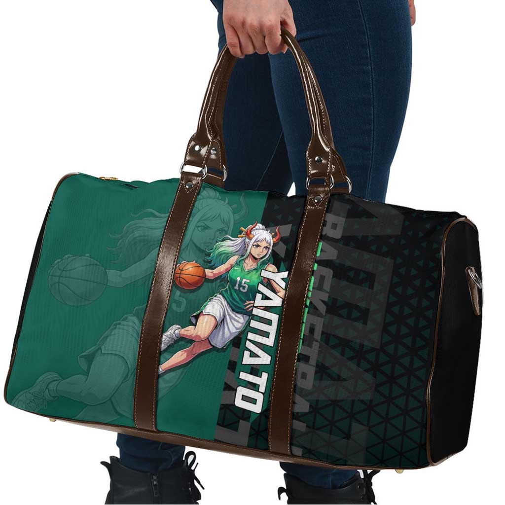 Yamato One Piece Basketball Theme Green and Black Design Travel Bag with Oni Mask Emblem and Dynamic Pose - The Mazicc