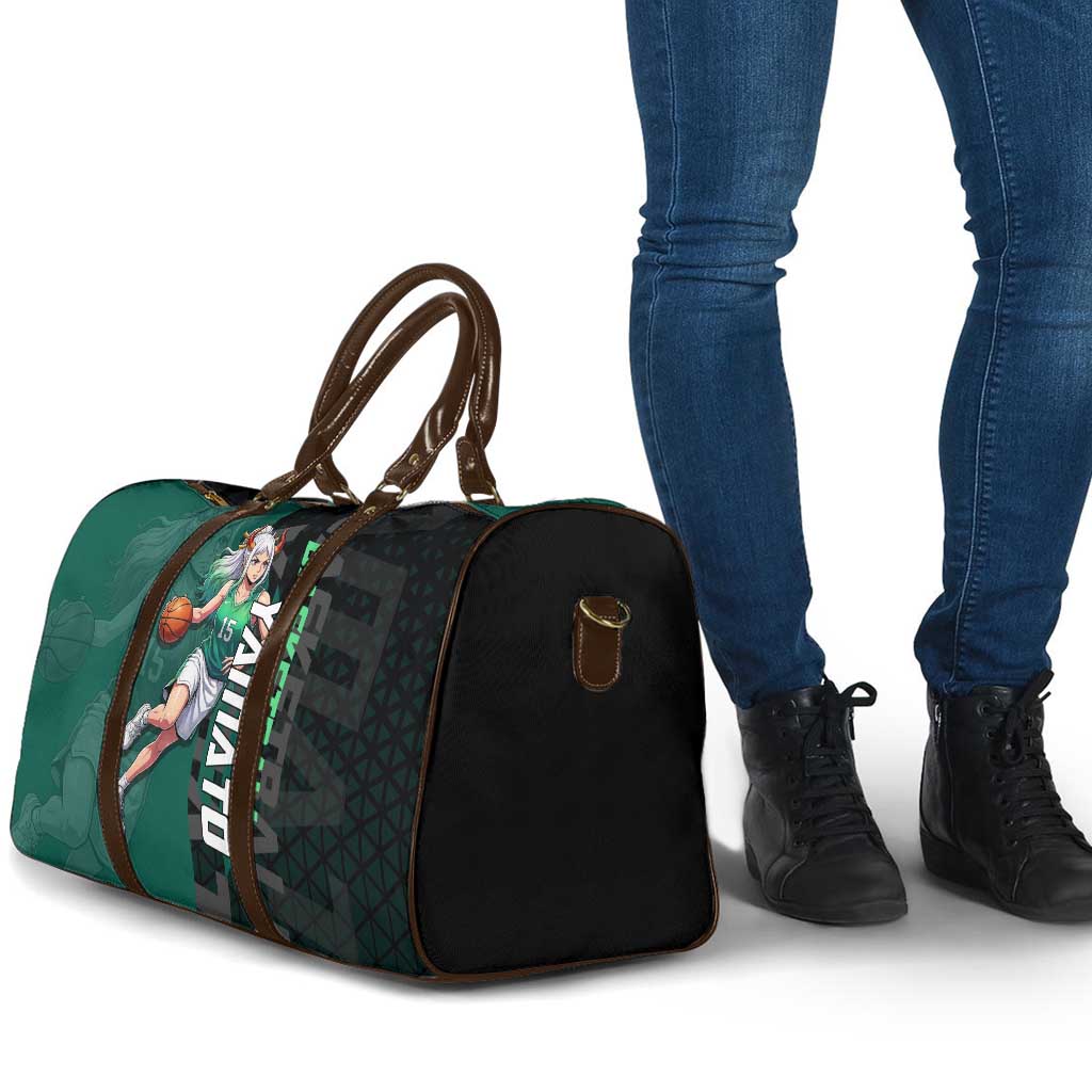 Yamato One Piece Basketball Theme Green and Black Design Travel Bag with Oni Mask Emblem and Dynamic Pose - The Mazicc