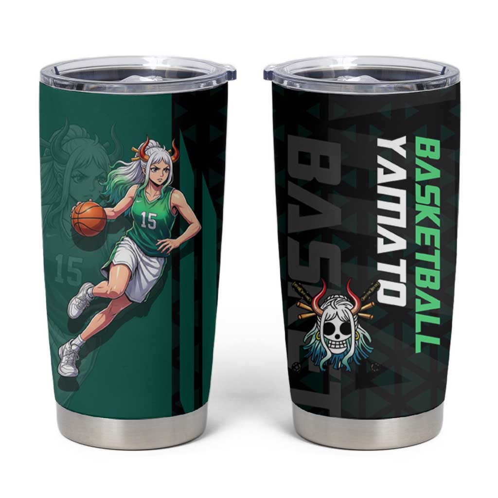 Yamato One Piece Basketball Theme Green and Black Design Tumbler Cup with Oni Mask Emblem and Dynamic Pose - The Mazicc