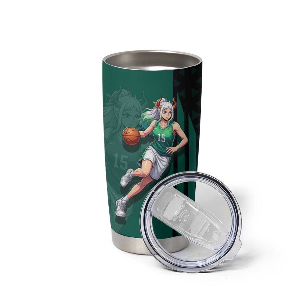 Yamato One Piece Basketball Theme Green and Black Design Tumbler Cup with Oni Mask Emblem and Dynamic Pose - The Mazicc