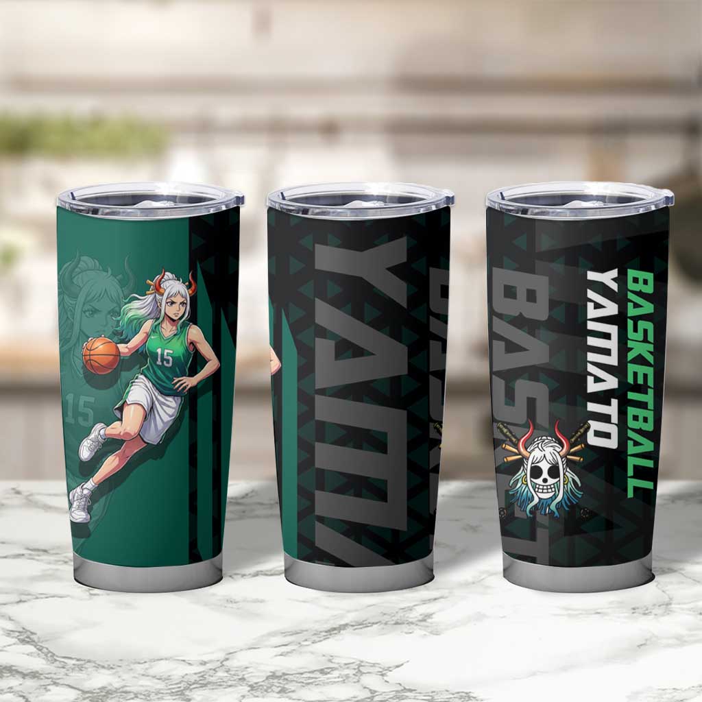 Yamato One Piece Basketball Theme Green and Black Design Tumbler Cup with Oni Mask Emblem and Dynamic Pose - The Mazicc