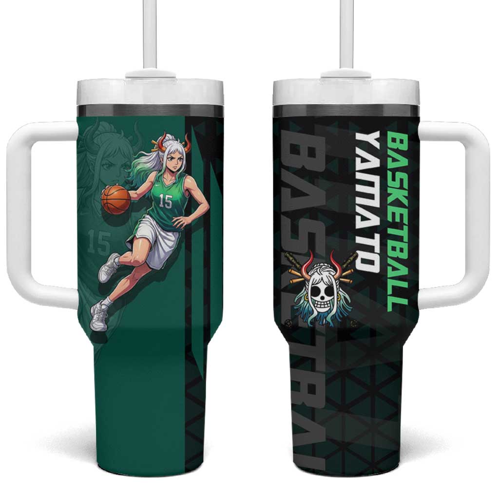 Yamato One Piece Basketball Theme Green and Black Design Tumbler With Handle with Oni Mask Emblem and Dynamic Pose - The Mazicc