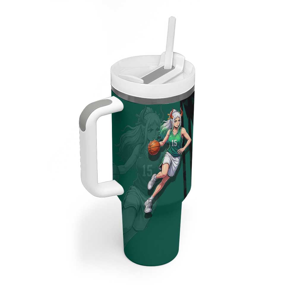 Yamato One Piece Basketball Theme Green and Black Design Tumbler With Handle with Oni Mask Emblem and Dynamic Pose - The Mazicc