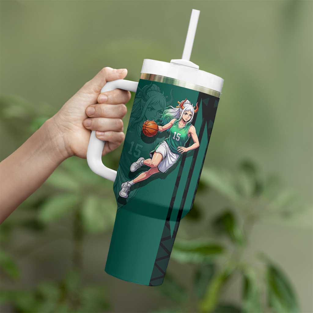 Yamato One Piece Basketball Theme Green and Black Design Tumbler With Handle with Oni Mask Emblem and Dynamic Pose - The Mazicc