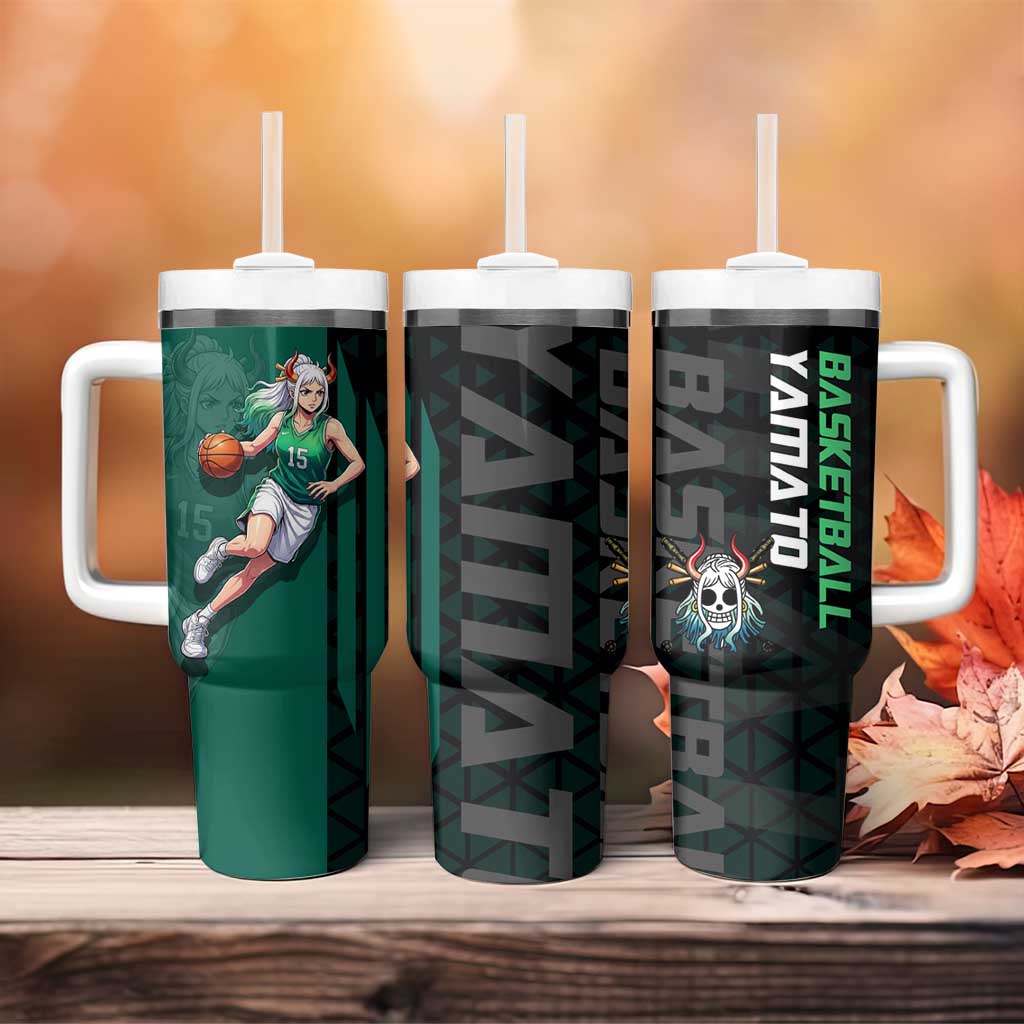 Yamato One Piece Basketball Theme Green and Black Design Tumbler With Handle with Oni Mask Emblem and Dynamic Pose - The Mazicc
