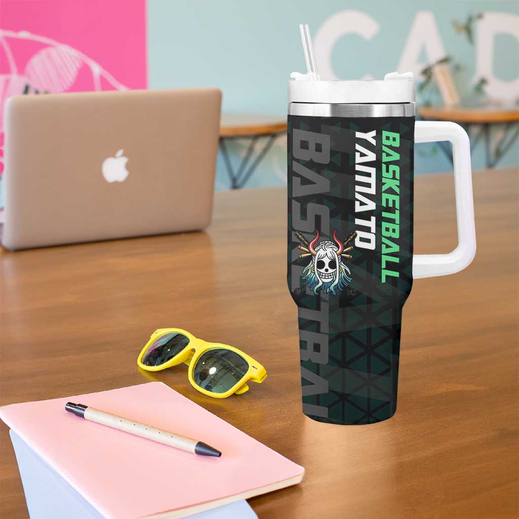 Yamato One Piece Basketball Theme Green and Black Design Tumbler With Handle with Oni Mask Emblem and Dynamic Pose - The Mazicc