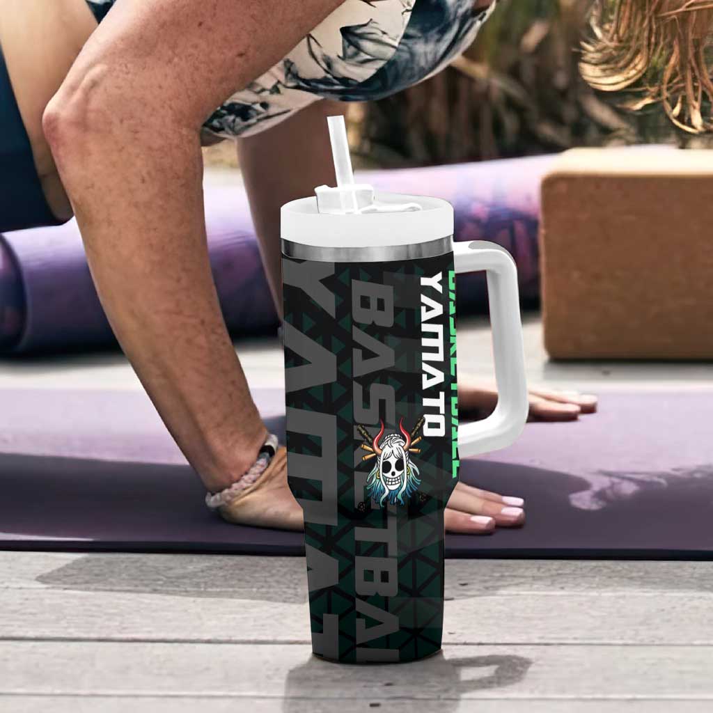 Yamato One Piece Basketball Theme Green and Black Design Tumbler With Handle with Oni Mask Emblem and Dynamic Pose - The Mazicc