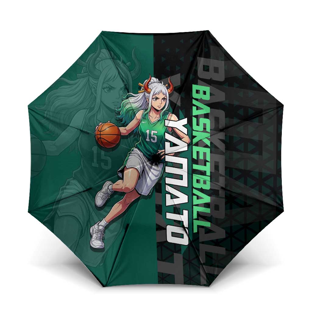 Yamato One Piece Basketball Theme Green and Black Design Umbrella with Oni Mask Emblem and Dynamic Pose - The Mazicc