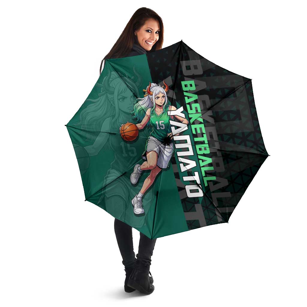 Yamato One Piece Basketball Theme Green and Black Design Umbrella with Oni Mask Emblem and Dynamic Pose - The Mazicc