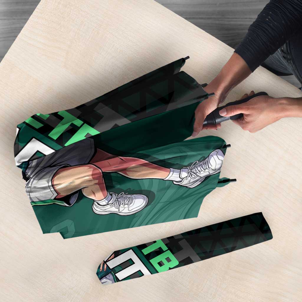 Yamato One Piece Basketball Theme Green and Black Design Umbrella with Oni Mask Emblem and Dynamic Pose - The Mazicc