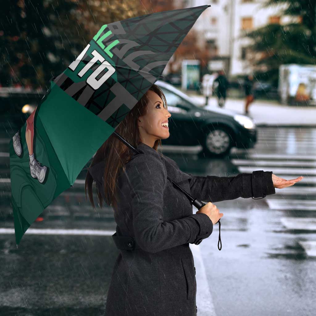 Yamato One Piece Basketball Theme Green and Black Design Umbrella with Oni Mask Emblem and Dynamic Pose - The Mazicc